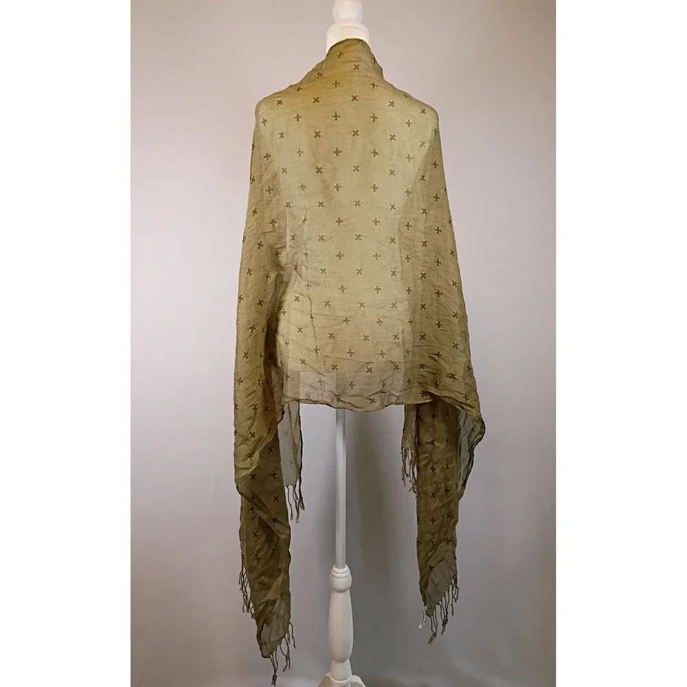 Boho Cottagecore Old Navy Women One Size Olive Green Floral Clover Fringe Scarf